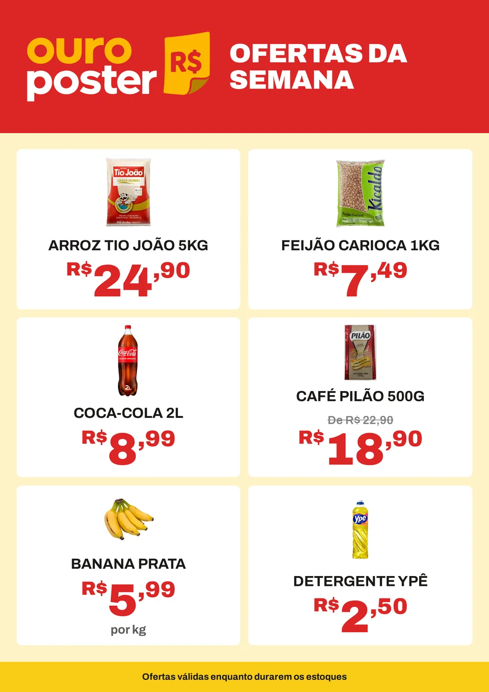 Cartaz A4 de ofertas gerado pelo OuroPoster, com seis produtos, foto de cada um e preços em destaque.