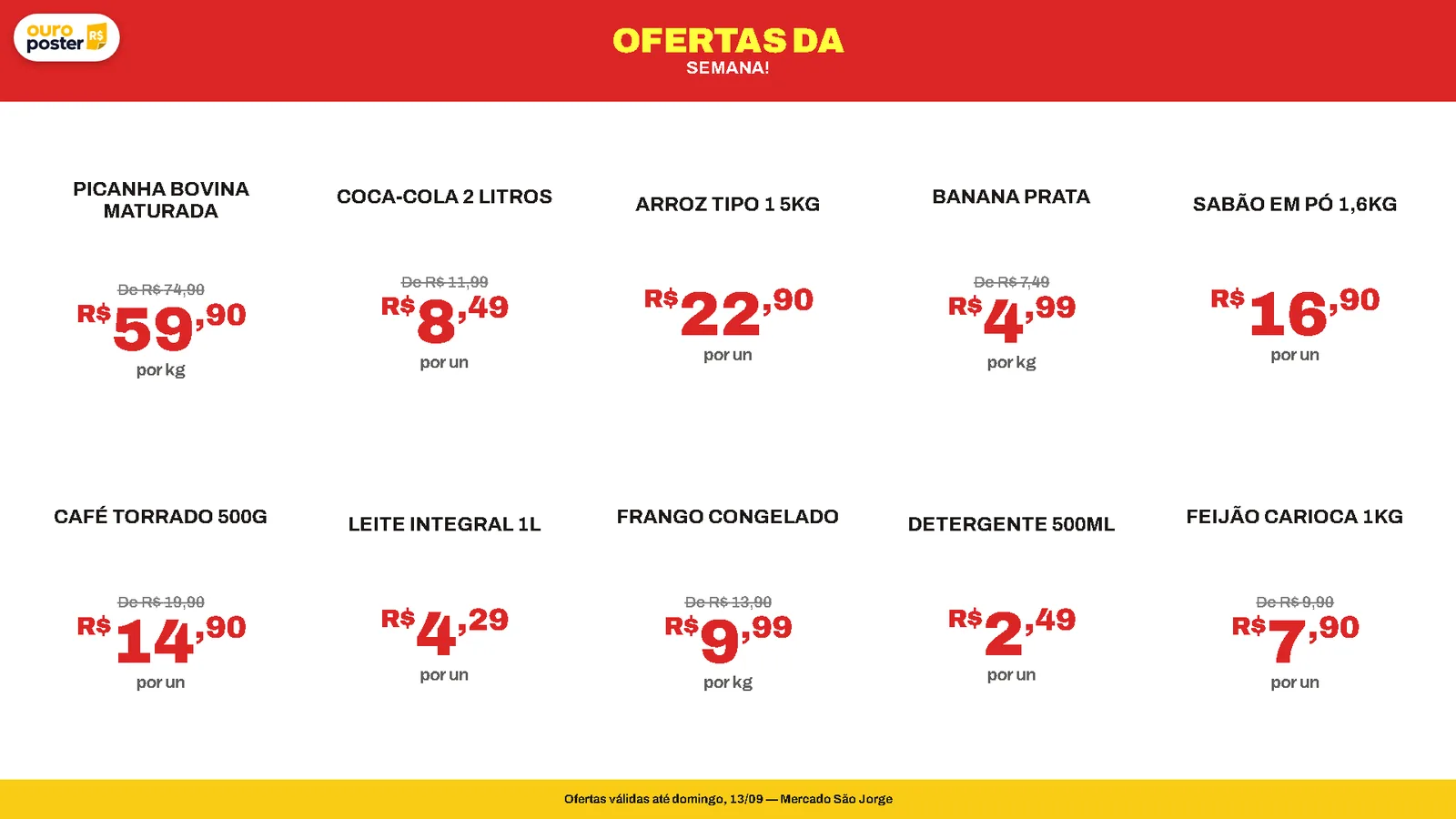 Televisão de loja exibindo um cartaz do OuroPoster: faixa vermelha com “Ofertas da semana”, dez produtos com preço em vermelho e a validade no rodapé amarelo.
